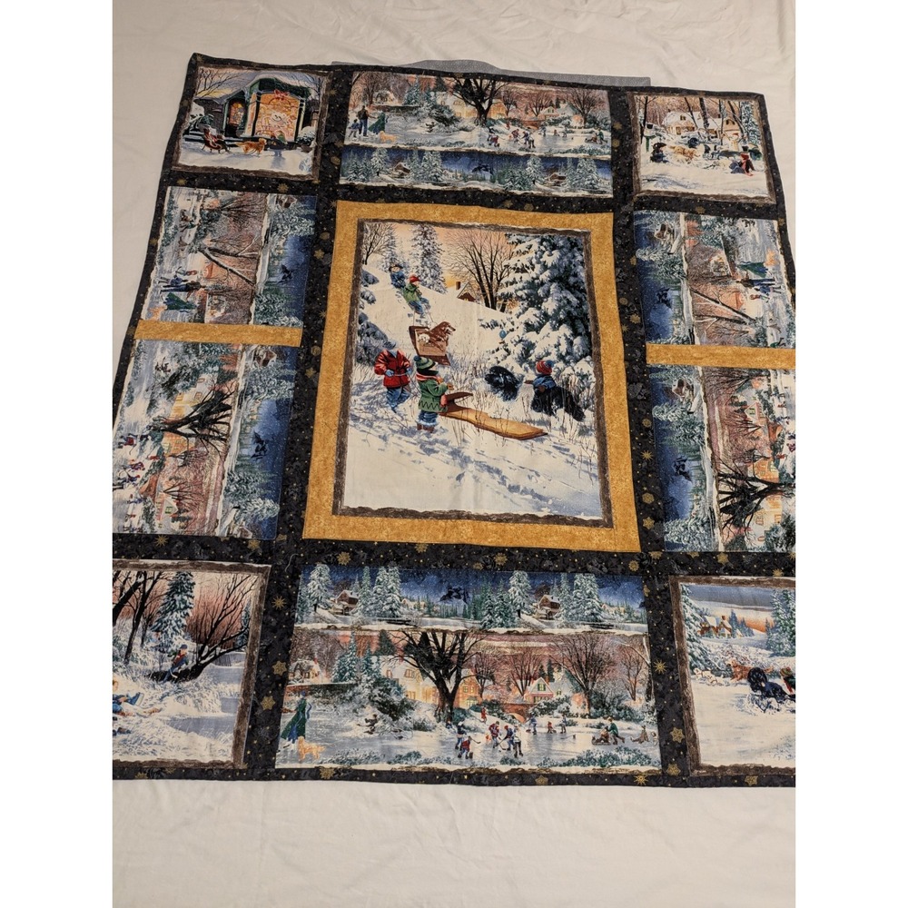 Handcrafted Quilted Wall Hanging / Lap Blanket Family Animals Winter Scene Sled